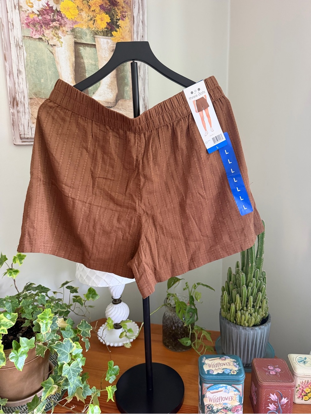 Three Dots Brown Textured Elastic-Waist Bermuda Shorts